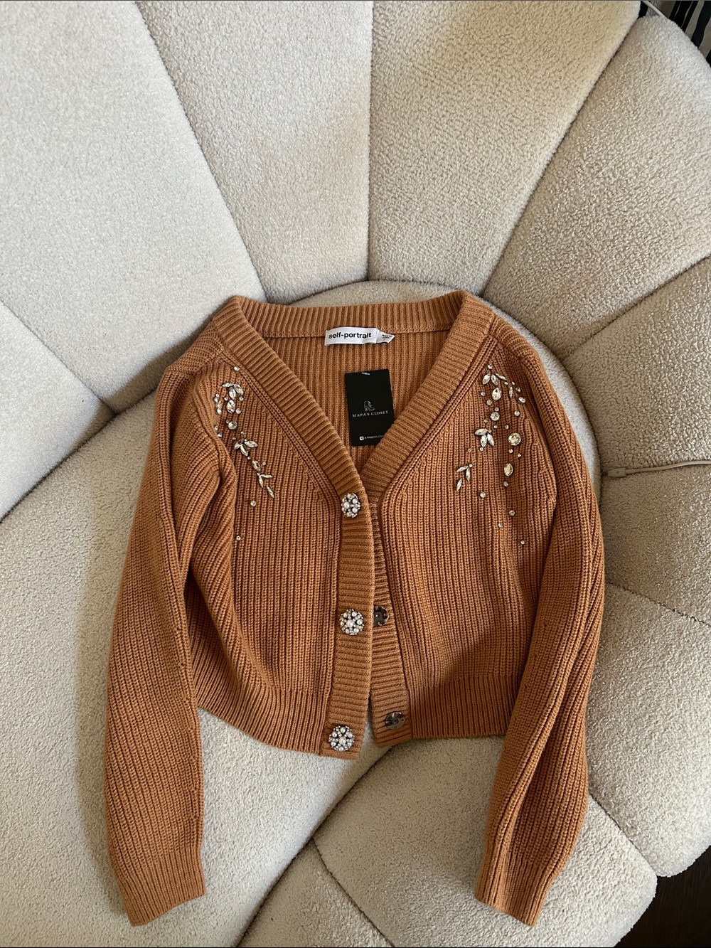 Self-Portrait Camel Off-Shoulder Jeweled Crop Sweater